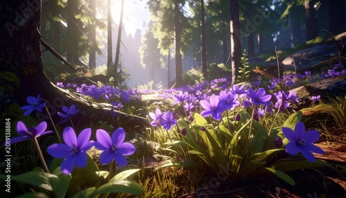 Enchanting Forest Floor with Purple Flowers and Sunbeams.