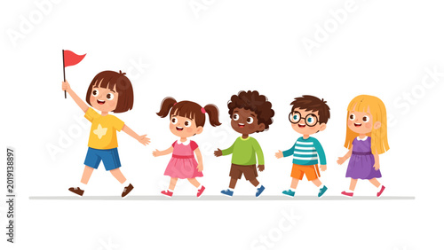 Slika na platnu Leadership Parade: A spirited young leader guides a cheerful procession of children, holding aloft a red flag, symbolizing the essence of unity and exploration