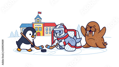 Billede på lærred Winter Hockey Game: In a playful winter scene, a penguin expertly maneuvers a hockey stick, aiming towards the net guarded by a diligent seal, while a jovial walrus cheers from the sidelines