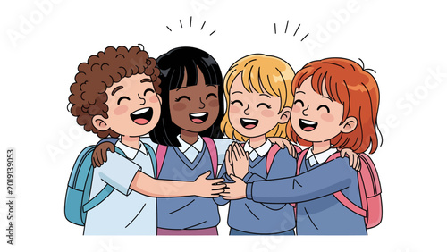 Cuadro en lienzo Friendship Circle of Youngsters: A heartwarming illustration showcases a group of diverse young friends, embracing in a circle of camaraderie
