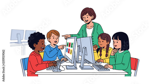 Vászonkép Digital Discovery: Young students and their instructor are shown absorbed in a digital educational experience, exploring the potential of technology for learning and advancement