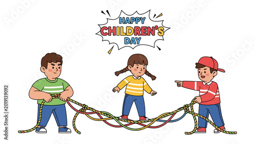 Tableau sur toile Tug-of-War Triumph: Capturing the exuberance of Children's Day, where three cheerful children engage in a spirited tug-of-war, epitomizing the spirit of teamwork and joyous celebration