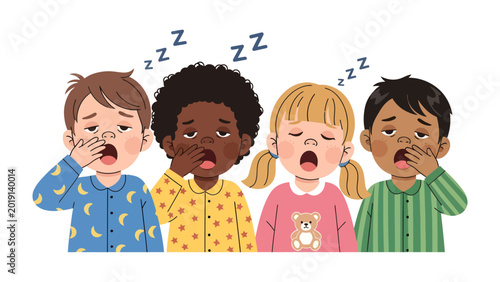 Sleepy Little Dreamers: A group of diverse children in pajamas are yawning, suggesting it's time for slumber and sweet dreams. The image captures the simplicity and purity of a quiet evening.