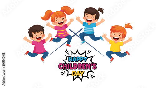 Konstfotografi Joyful Children's Day: Four cheerful children, radiating happiness, leap into the air in a vibrant celebration of Children's Day, symbolizing the innocence and joy of youth