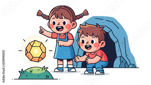Obraz na płótnie Children Discovering a Glowing Orb: Two young children stand in wonder, gazing upon a mystical, glowing orb in front of a cave entrance, their faces alight with curiosity and excitement