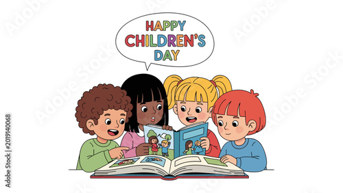 Fotografija World of Imagination: Group of four children gathered together, engrossed in the pages of a captivating book filled with colorful illustrations