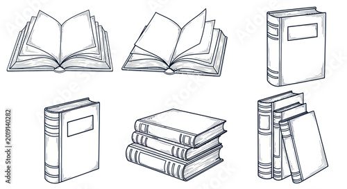 Bild auf Leinwand Hand-Drawn Book Illustrations: Open, Closed, Stacked, and Standing Books