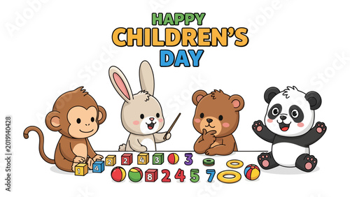 Photography Joyful Children's Day: A vibrant illustration showcasing an adorable monkey, rabbit, bear, and panda, celebrating Children's Day with colorful toys