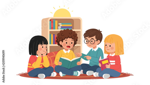 Slika na platnu Sharing Story Illustration: Four children are gathered together, engrossed in a captivating storybook, fostering a shared moment of wonder and imagination within a cozy indoor setting
