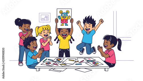 фотографія Child's Artistic Triumph: A group of excited children celebrates the successful completion of a colorful drawing, reveling in the joy of creative achievement