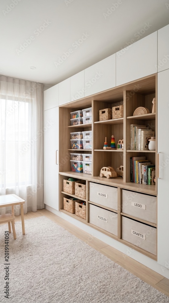 Obraz premium A modern built-in shelving unit filled with toys and labeled bins. The room is bright and minimalist, promoting focus and order. Ideal for home organization and early childhood education content.