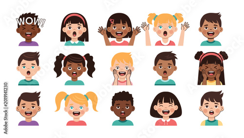 Konstfotografi Diverse Children Expressions: A vibrant array of illustrations captures a spectrum of emotions among children, from astonishment to delight, showcasing the beauty of childhood expressions