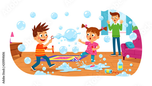 Fotografia Playful Moments: Children revel in the simple joy of blowing bubbles indoors, creating a whimsical scene of laughter and delight