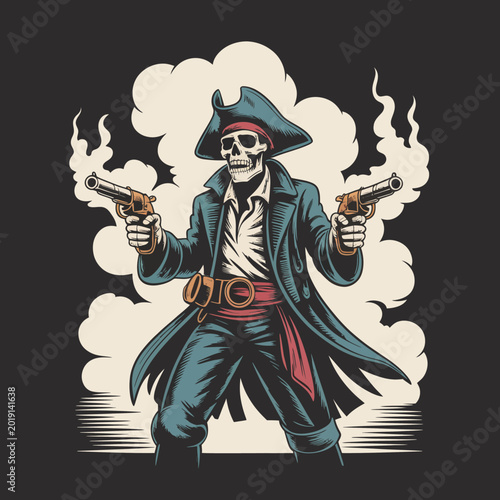 Canvas Print Pirate skeleton with smoking guns.