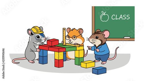 Εκτύπωση καμβά Classroom Critters: Clever mice collaborate, constructing a colorful structure, symbolizing education and teamwork