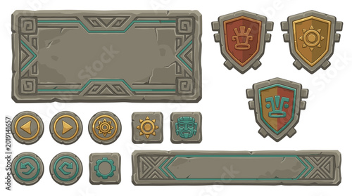 Fantasy Game User Interface Asset Set with Stone Panels, Medieval Buttons, Shield Badges, and RPG Menu Design Elements