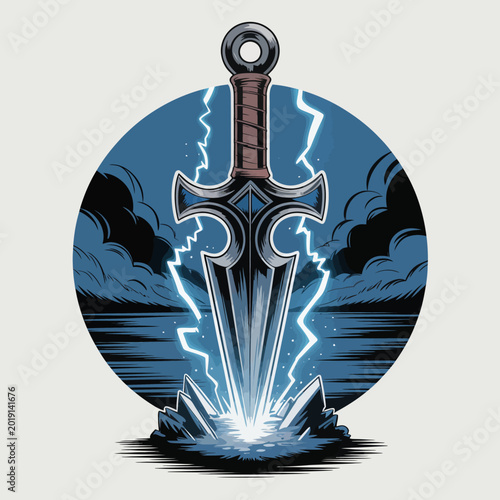 Bild auf Leinwand Sword stuck in the ground electrified.