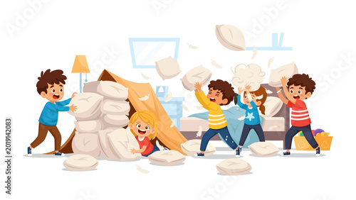 Cuadro en lienzo Pillow Fight Frenzy: Energetic kids erupt in a spirited pillow fight, their laughter and glee filling a playful bedroom environment