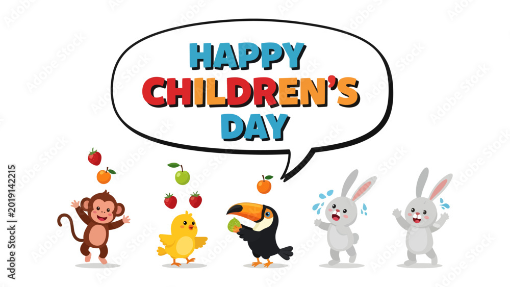 Fototapeta premium Children's Day: A vibrant illustration for Children's Day features lively characters celebrating this special occasion with fruit, embracing the joy and innocence of childhood