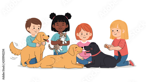 Foto Joyful Companionship: Illustrative scene showcasing a diverse group of children interacting with their beloved pets, fostering a bond of love and friendship