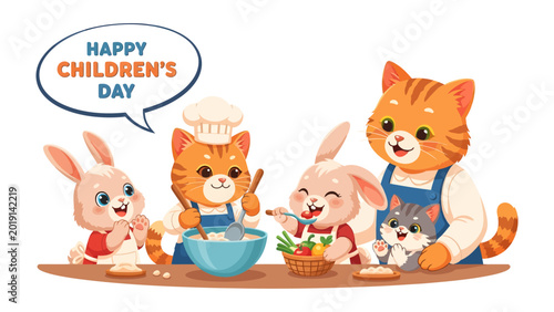 Εκτύπωση καμβά Happy Children's Day: A heartwarming illustration features an animal family, wit