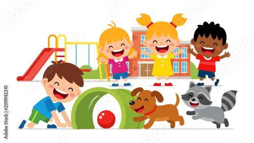 Εκτύπωση καμβά Joyful Playground: A group of diverse children engages in cheerful play, embodying the spirit of youthful energy and pure happiness, laughter echoing through a vibrant playground scene