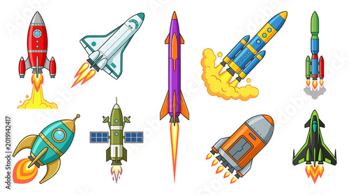 Rocket Launch and Spacecraft Icon Set with Futuristic Space Vehicles, Shuttle Boosters, and Cosmic Exploration Illustrations