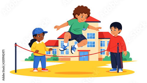 Canvas-taulu Joyful Jumping Rope: A playful group of children engage in a game of jumping rope in front of a school, showcasing childhood delight and camaraderie