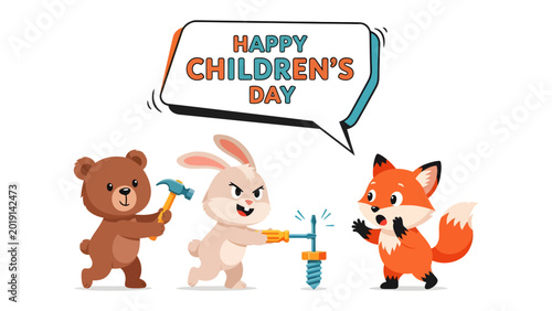 Obraz na płótnie Happy Children's Day: A trio of endearing animals, a bear, a rabbit, and a fox, collaborate on a delightful project, with a festive greeting bubble above