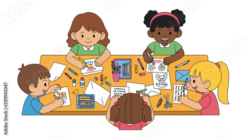 Fényképezés Creative Minds at Work: A group of children enthusiastically engage in creative activities around a table, expressing themselves through art and crafts