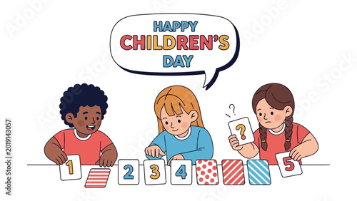 Foto Playful Learning and Celebration: This charming illustration captures a trio of children engrossed in a game, playfully learning while cards reading Happy Children's Day