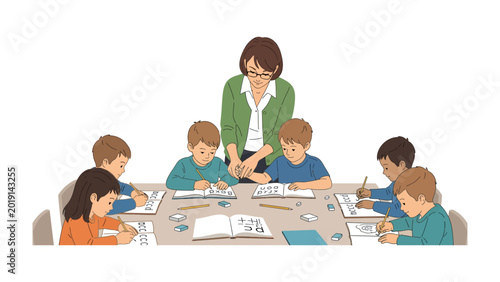 Tablou pe pânză Nurturing Young Minds: A dedicated teacher guides a group of attentive children during a lesson