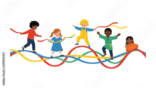 Foto Children's Playful Ribbon Ride: A colorful illustration capturing children joyfully playing on whimsical ribbons, celebrating the spirit of childhood and imaginative fun
