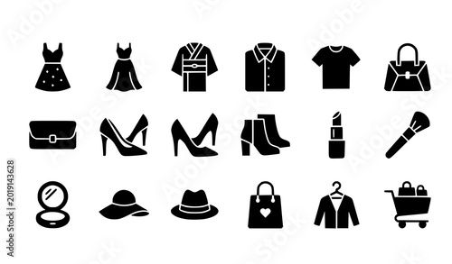 Modern fashion glyph icon set clothing apparel and accessories vector isolated on white background