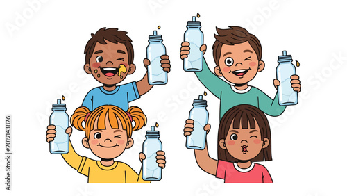 Konstfotografi Hydration Celebration: A cheerful group of diverse children playfully hold up water bottles, promoting healthy hydration and wellbeing
