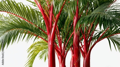 Lipstick palm trees with vibrant red trunks and lush green fronds in a studio macro shot for botanical branding and interior design marketing