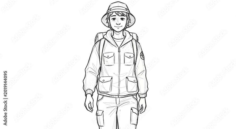 Fototapeta premium Young explorer with backpack and hat, ready for adventure