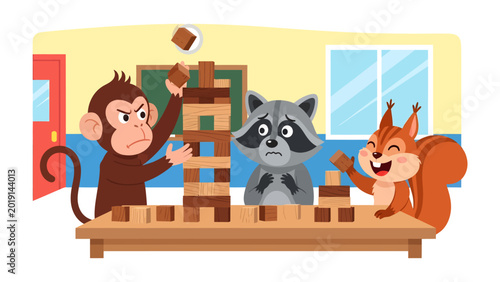 Canvas Print Playful Game of Balance: A curious scene of a monkey, raccoon, and squirrel, fully engrossed in a game of balancing blocks on a table