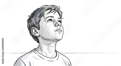 Young boy looking up with hope and curiosity, sketch style