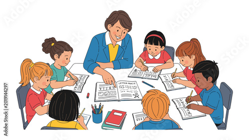 Tableau sur toile Classroom Compass: A dedicated teacher guides a group of attentive students during a lesson, fostering knowledge and collaboration within a vibrant learning environment