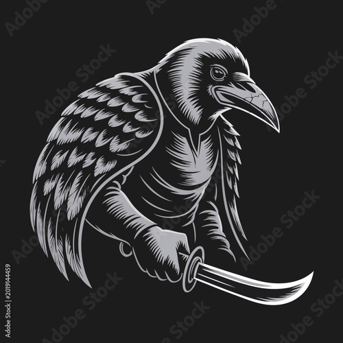 Tableau sur toile Crow Holding a Sword in Claw.