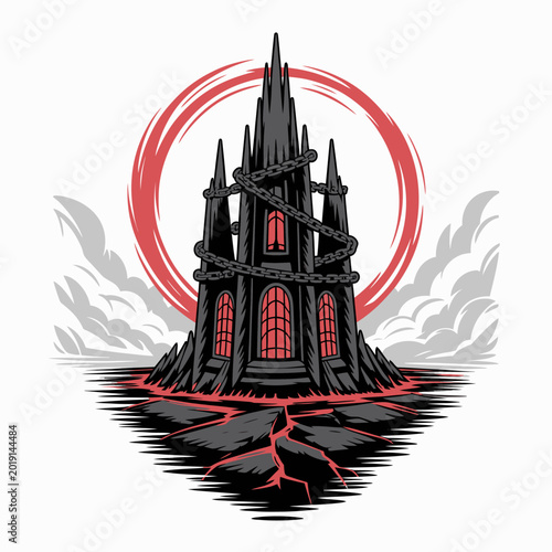 Photography Gothic Castle with Red Windows.