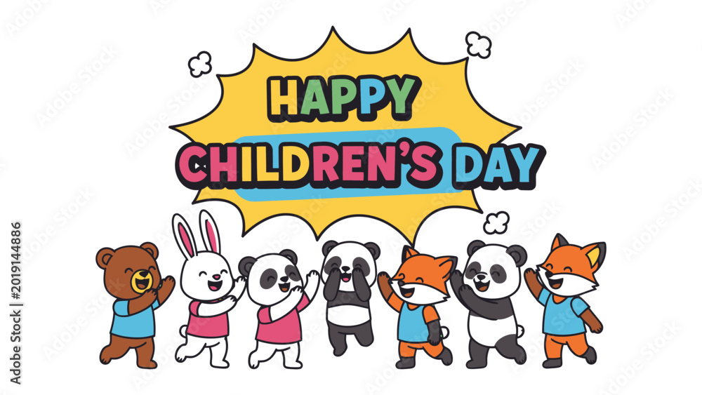 Fototapeta premium Children's Day: A vibrant illustration celebrating Children's Day features an array of adorable animal characters, each exuding joy and festivity beneath a colorful banner. 