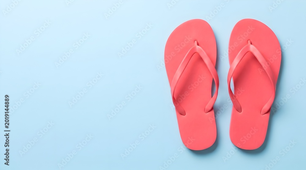 Fototapeta premium Coral Flip Flops on Light Blue Background, Summer Beach Footwear