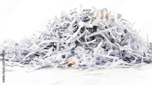 Shredded paper waste pile on white background torn documents scattered destruction of sensitive information