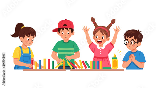 Foto Domino Effect of Childhood Excitement: Capturing the exhilarating moment of children's playful focus as they construct a tower of dominoes with anticipation