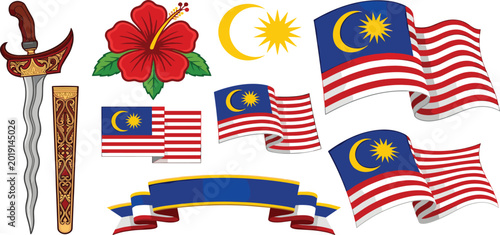 Foto Malaysia Independence Day Vector Set with Waving Flag Kris Dagger Hibiscus Flowe