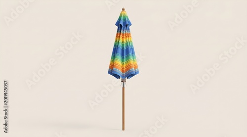 Closed Rainbow Striped Beach Umbrella on Light Background