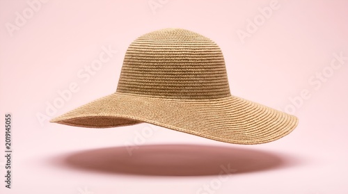 Woven straw sun hat with wide brim floating on pink background, fashion accessory.