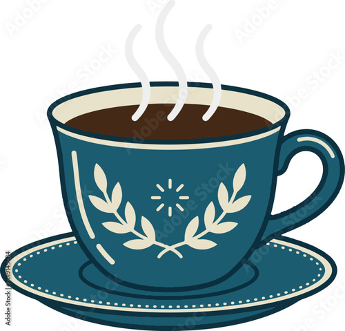 Vintage blue coffee cup with floral patterns and steam, classic ceramic tea mug on saucer, retro kitchenware vector illustration for cafe branding